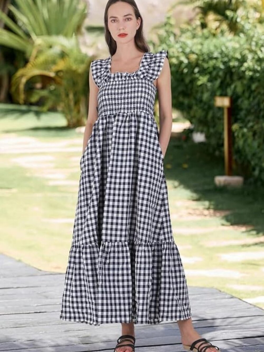 Women's Retro Plaid Smocked Dress Spaghetti Strap Flounce Long Dress